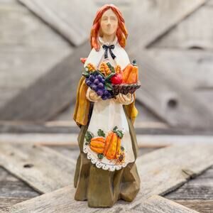 Vintage Fall Harvest Pilgrim Woman Figurine w/ Basket of Garden Harvest, 8"H